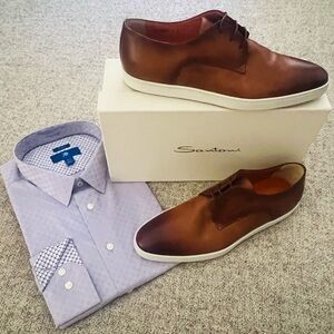 SANTONI - Men's Doyle Leather Derby Sneakers - Color:Tan - Size: 11